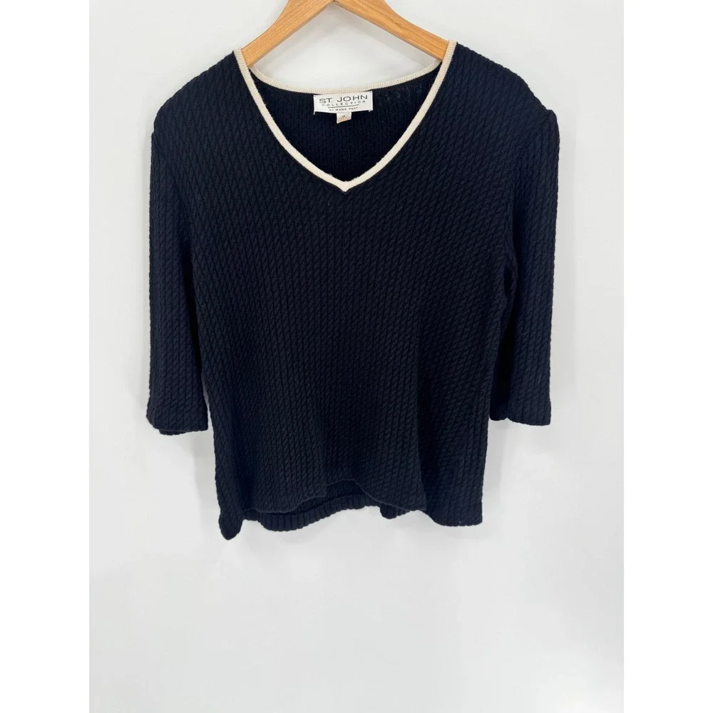 St. John Collection Knit Top Women‎ 10 Black V-Neck 3/4 Sleeve Textured Trim